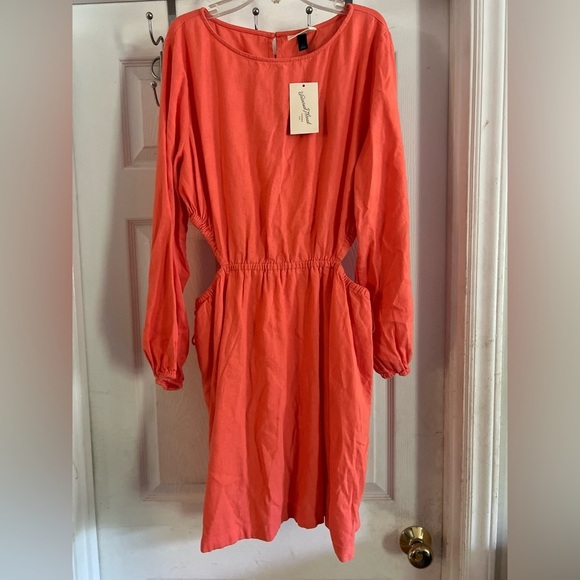 UNIVERSAL THREAD Women's Coral Orange Linen Blend Long Sleeve Side Cut Out Dress - Picture 2 of 11
